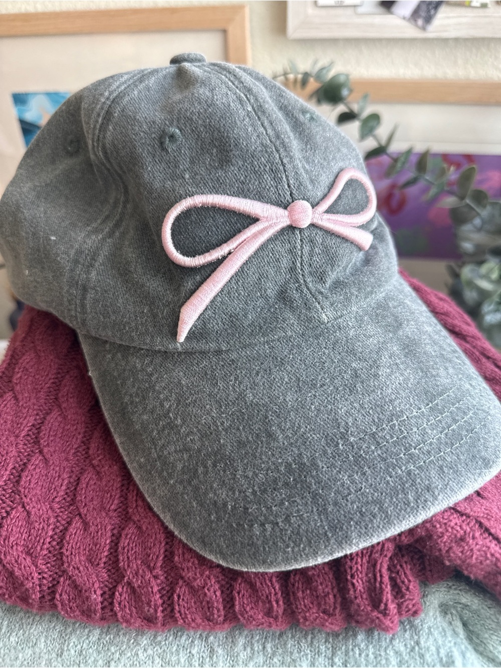 Urban Outfitters Gray Baseball Cap with Pink Embroidered Bow Accent